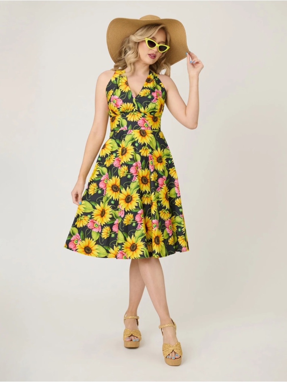 Unique Vintage Black Sunflower Halter Midi Dress with Yellow & Pink Floral